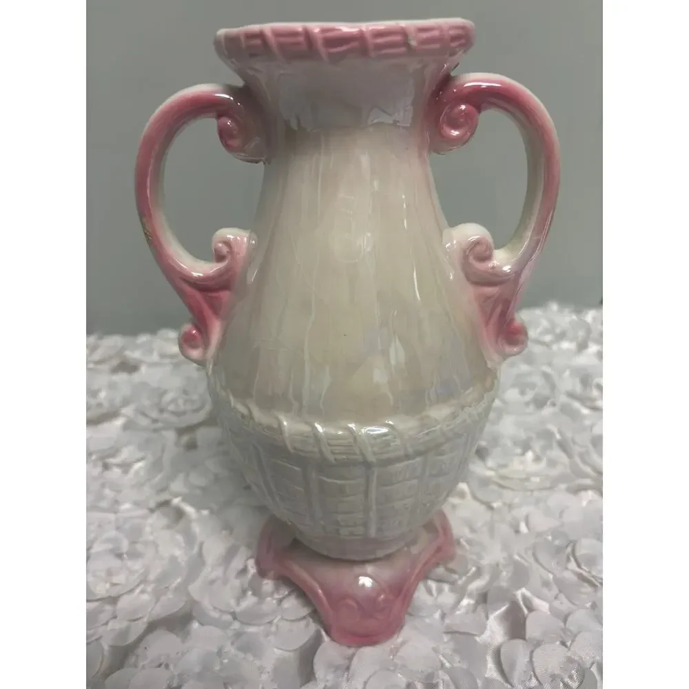 Vintage Majolica Lusterware Fruit Vase Double Handled Iridescent Ceramic 10